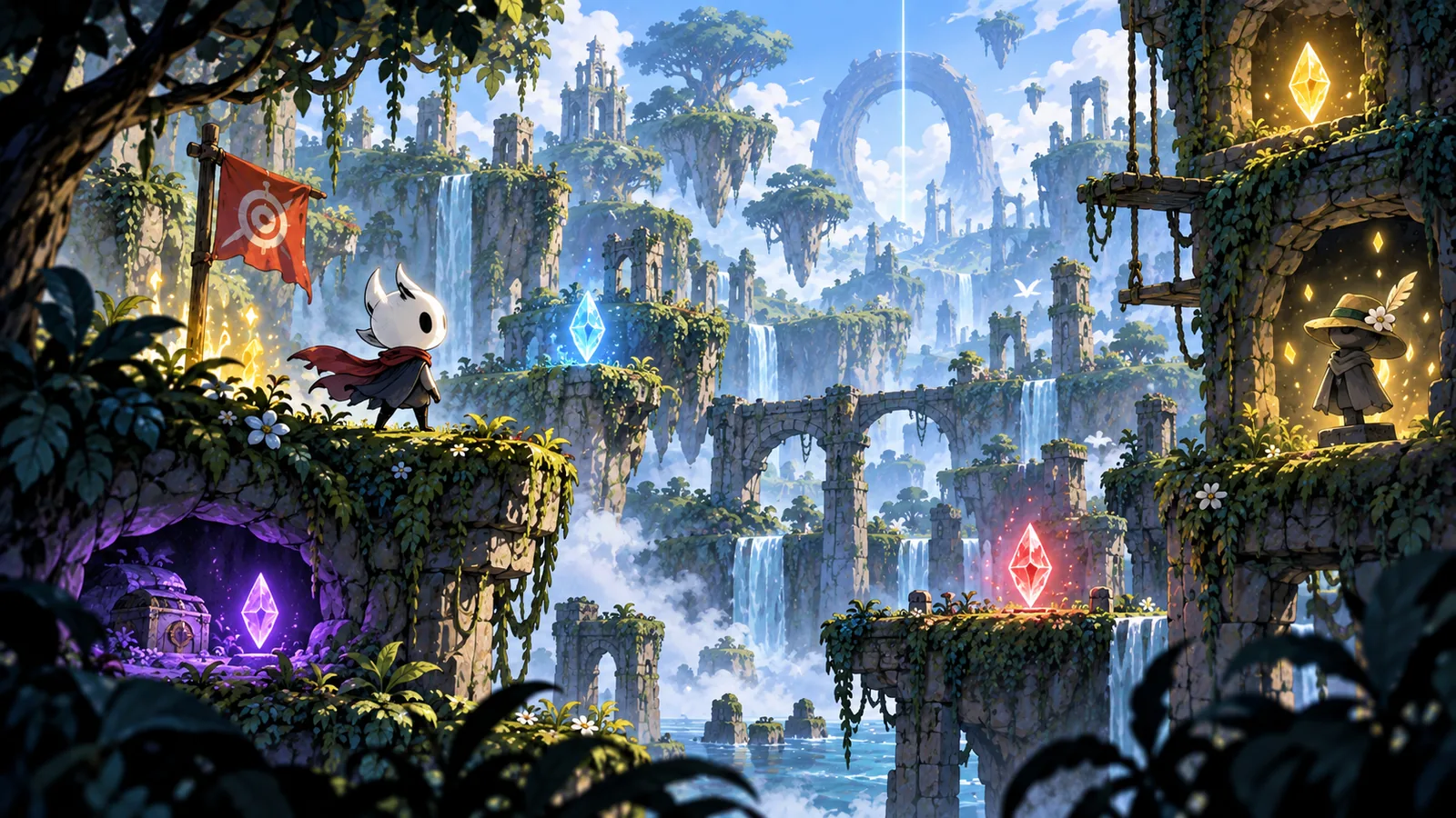 Guide artwork — Mono surveying several glowing crystals placed across layered waterfall ruins