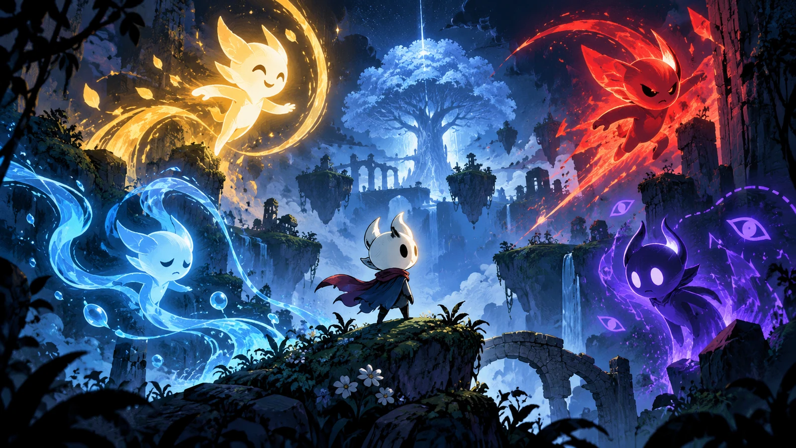 Guide artwork — Mono meeting several small spirits beneath a massive ancient tree