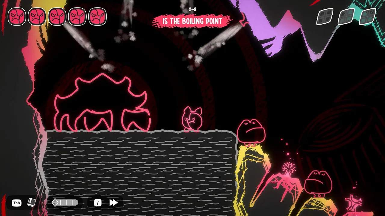 Mono on a grated platform in a boiling red cavern with a large pink creature and spike traps