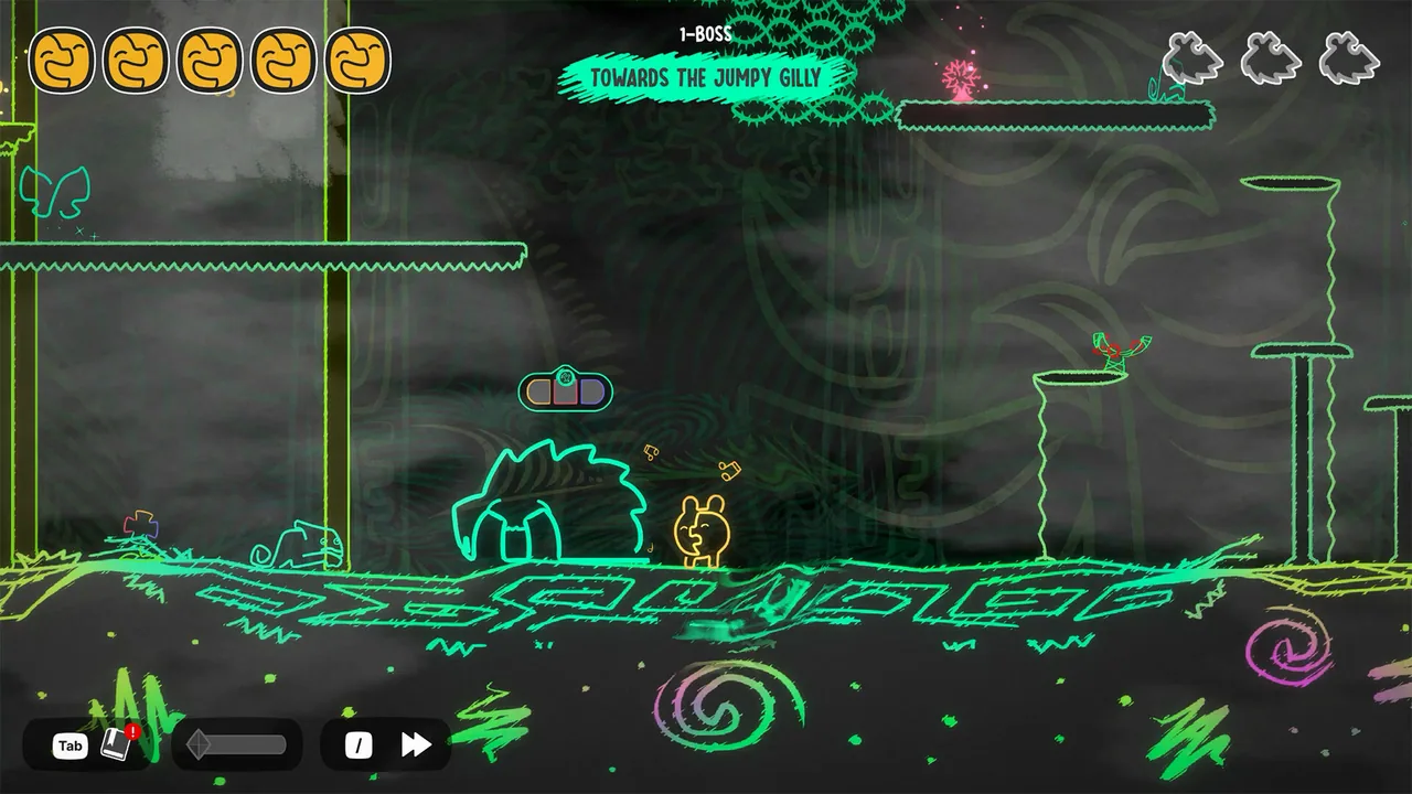 Mono at the start of the World 1 boss level: jagged platform edges, a pink glowing plant, and a boss bar in the top-right HUD
