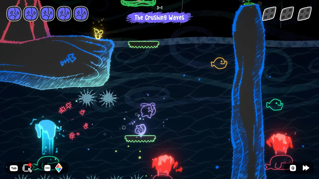 Mono navigating deep water currents with fish silhouettes, a large blue spirit and red spike hazards along the bottom