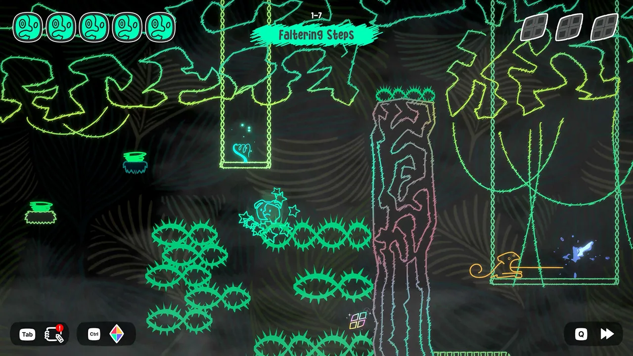Mono on a platform in an opening jungle stretch, with thorny spike hazards on the left and a blue pickup nearby