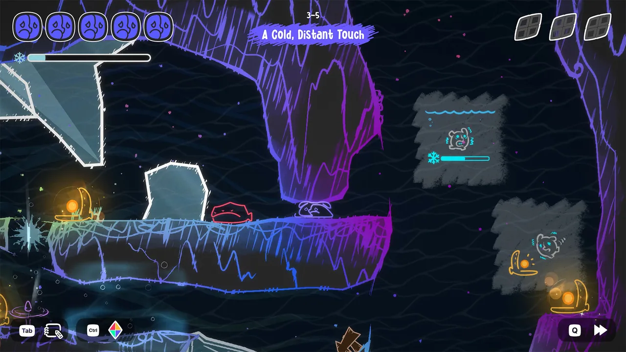 Mono on an ice-cavern ledge with lantern-like pickups and arched ruins in blue