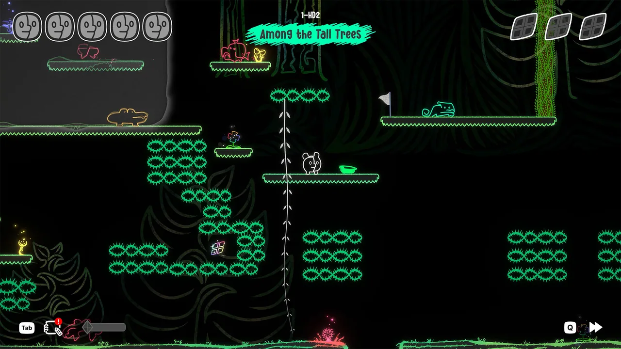 Mono mid-climb in a tall-tree jungle room: green neon platforms, hanging spike hazards, a checkpoint flag and a glowing pickup