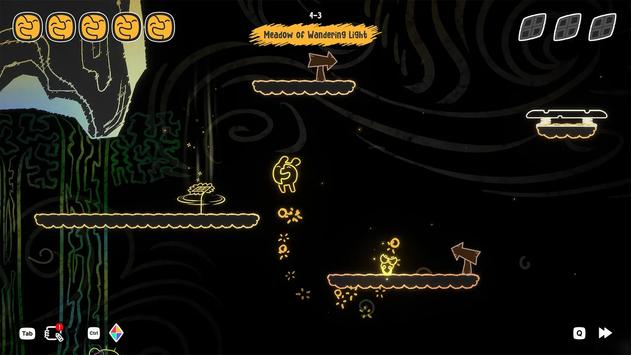Mono on a warm-lit meadow-cavern platform with floating light motes and a second small creature beside a glowing pickup