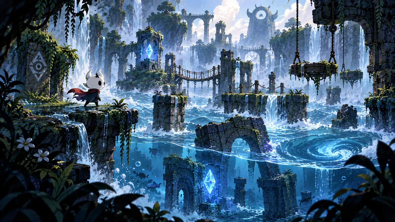 Guide artwork — Mono overlooking flooded ruins, waterfalls and submerged routes